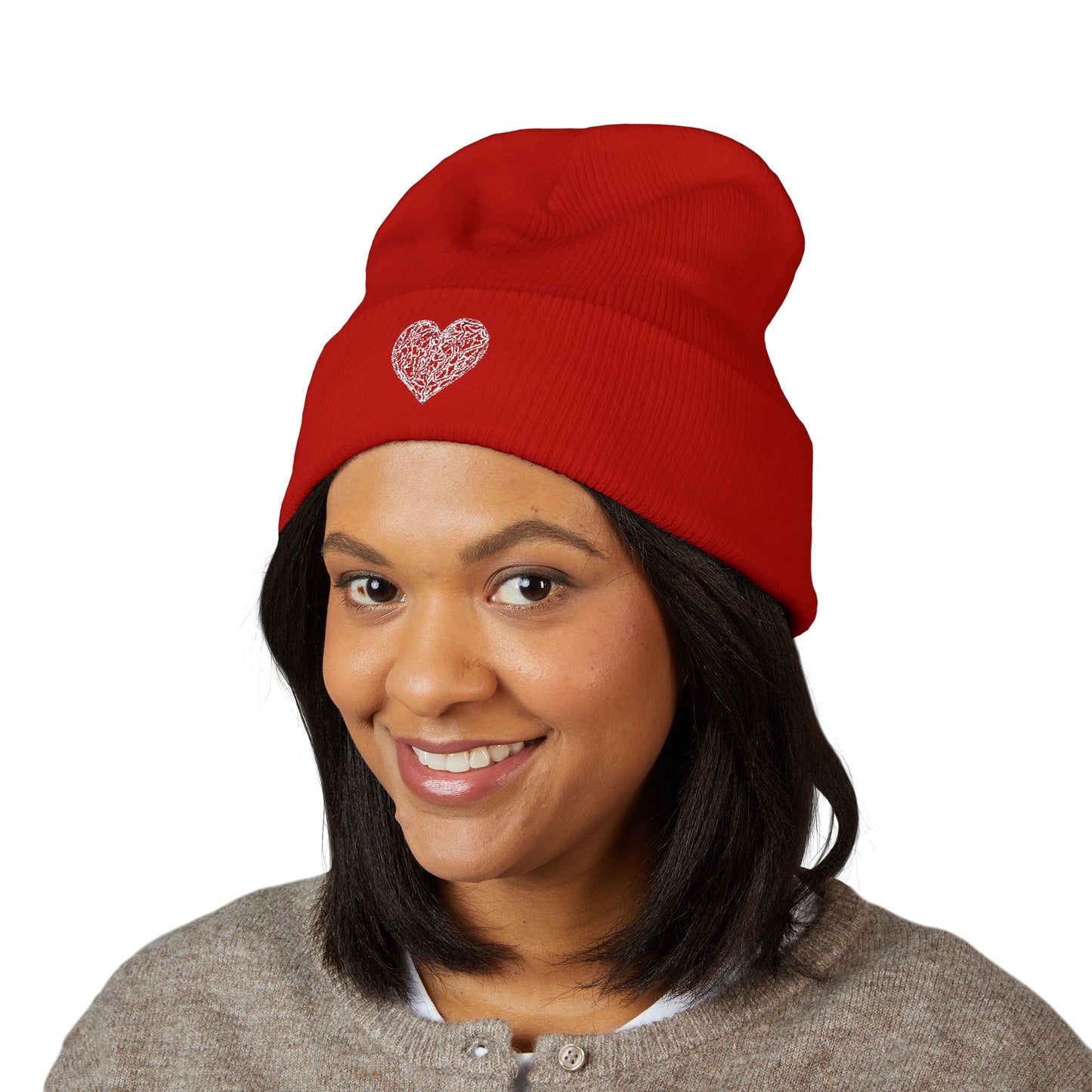 Kutie Embroidered Heart Beanie — Classic Cuffed Knit Hat