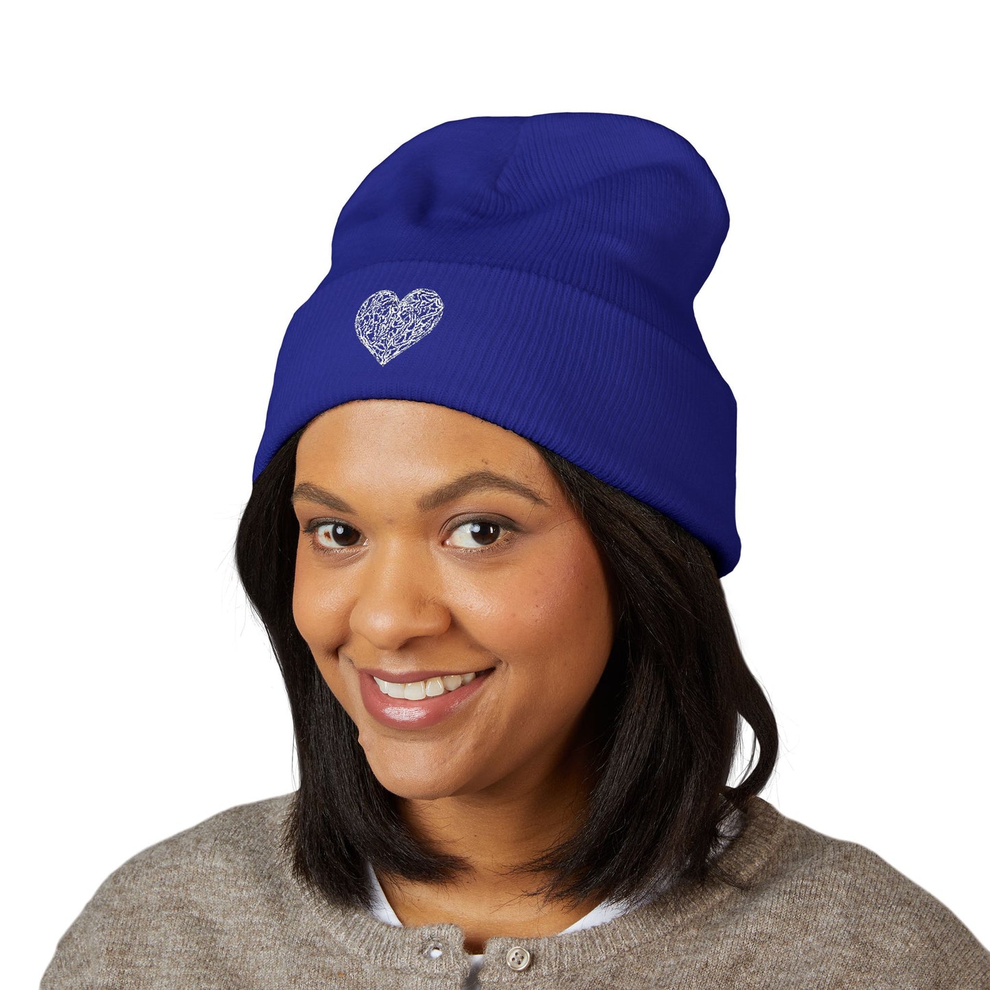 Kutie Embroidered Heart Beanie — Classic Cuffed Knit Hat