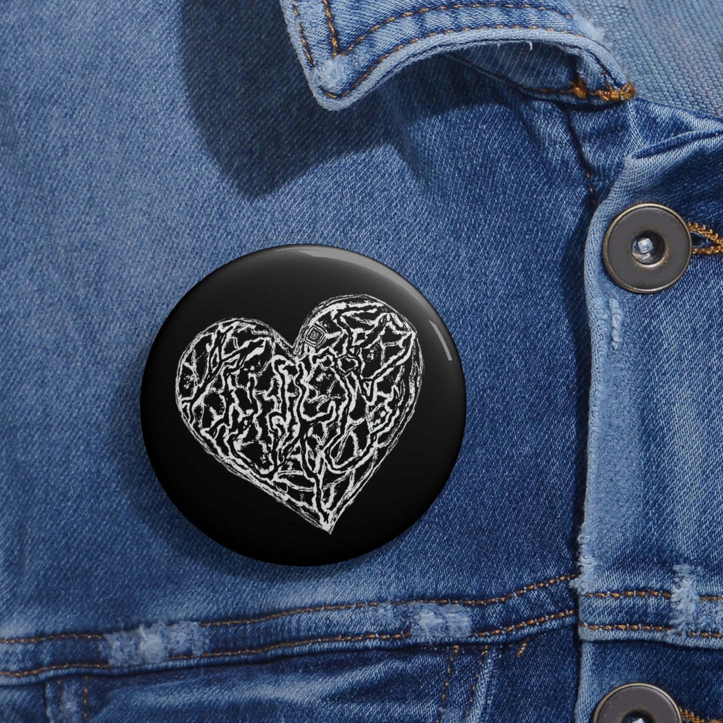 Kutie Black Heart Pin Button — Hand-Drawn Scribble Heart Enamel Badge