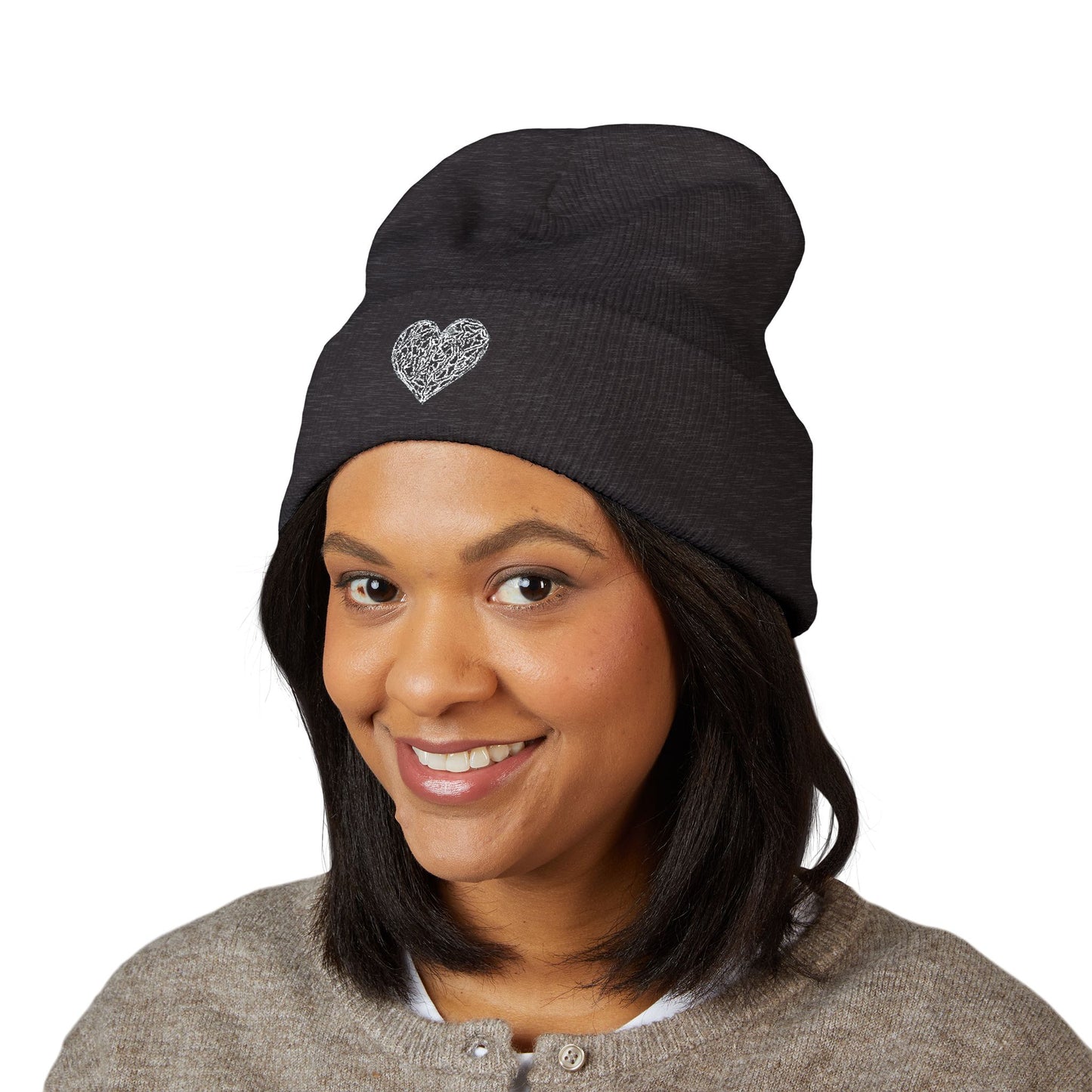 Kutie Embroidered Heart Beanie — Classic Cuffed Knit Hat