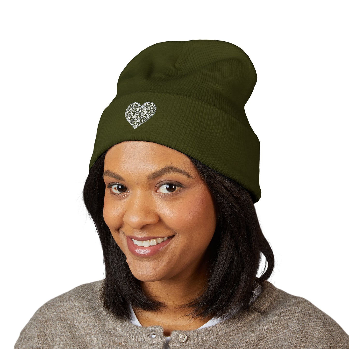 Kutie Embroidered Heart Beanie — Classic Cuffed Knit Hat