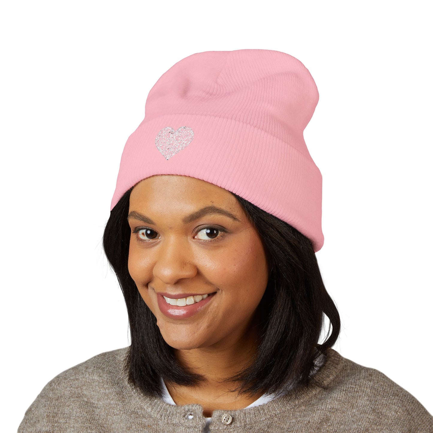 Kutie Embroidered Heart Beanie — Classic Cuffed Knit Hat