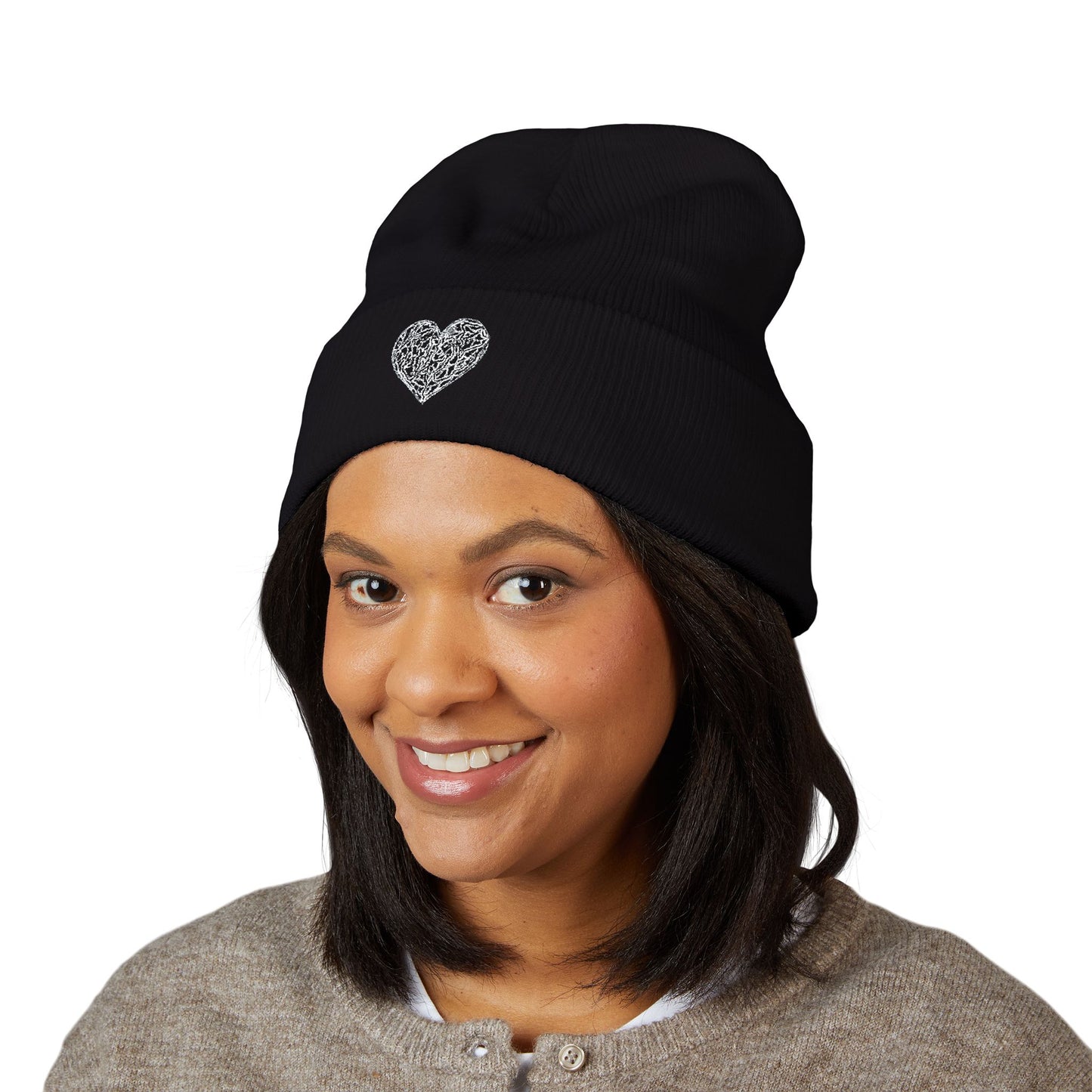 Kutie Embroidered Heart Beanie — Classic Cuffed Knit Hat
